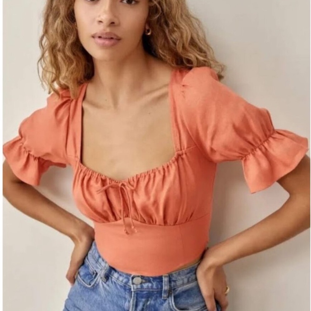 Reformation Coral Montague Linen Cottage Core Top